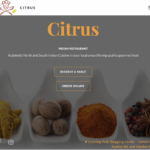 Spices displayed in elegant bowls with Citrus Indian Restaurant’s logo and navigation options.
