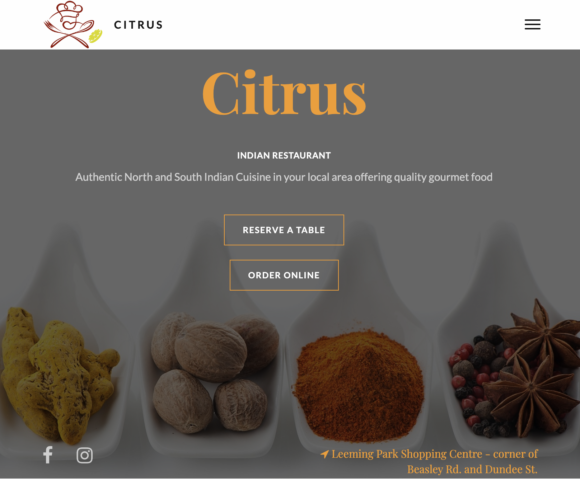 Spices displayed in elegant bowls with Citrus Indian Restaurant’s logo and navigation options.