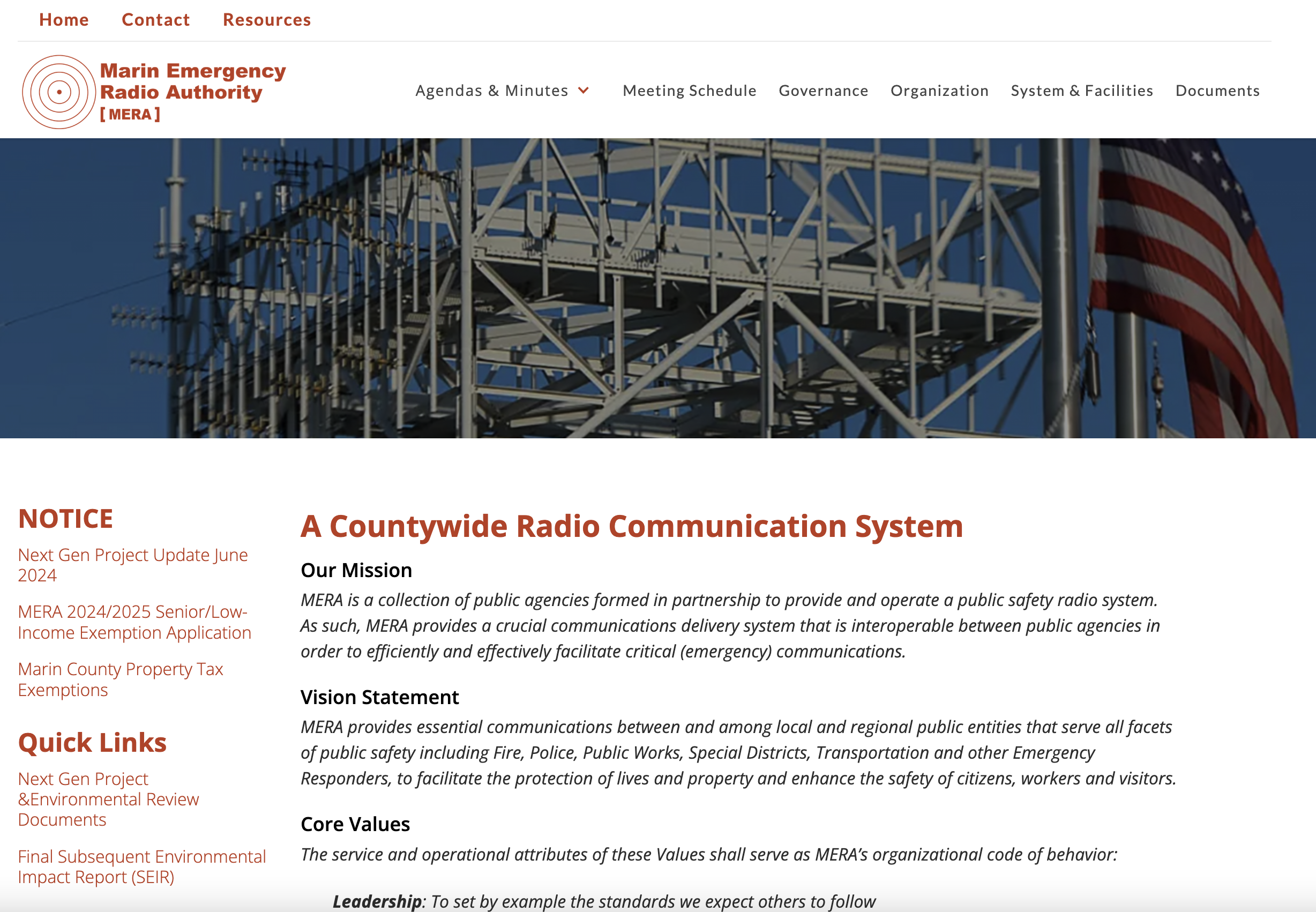 Marin Emergency Radio Authority (MERA) website homepage with mission statement and an image of communication infrastructure and an American flag.