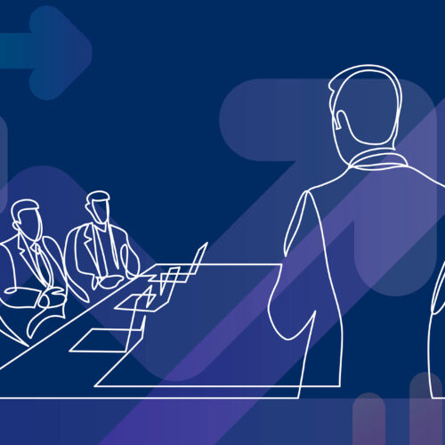 Minimalist digital line-art illustration of a business presentation, featuring a presenter speaking to executives with an abstract background of arrows and bar charts symbolizing growth and strategy.