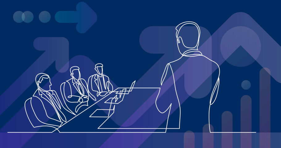 Minimalist digital line-art illustration of a business presentation, featuring a presenter speaking to executives with an abstract background of arrows and bar charts symbolizing growth and strategy.