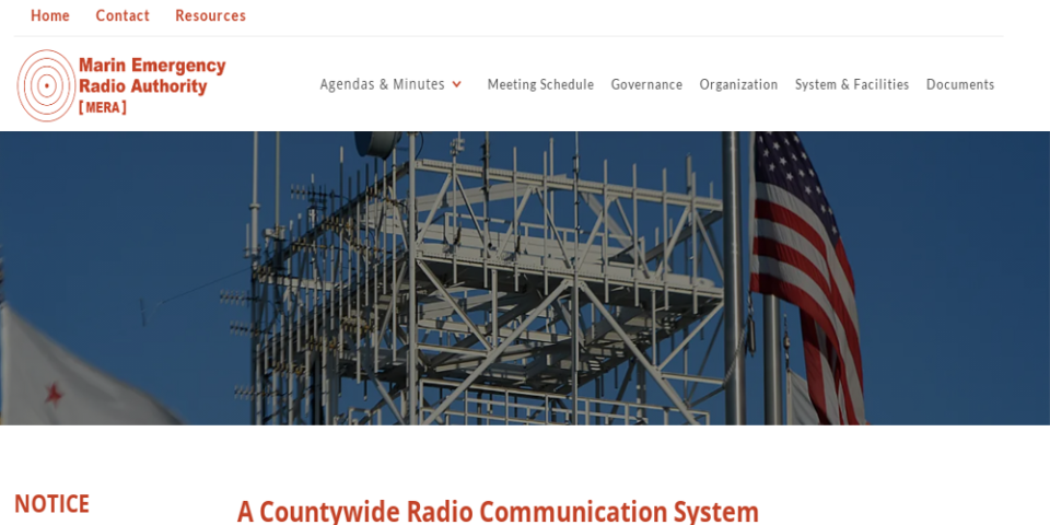 Marin Emergency Radio Authority (MERA) website homepage with mission statement and an image of communication infrastructure and an American flag.
