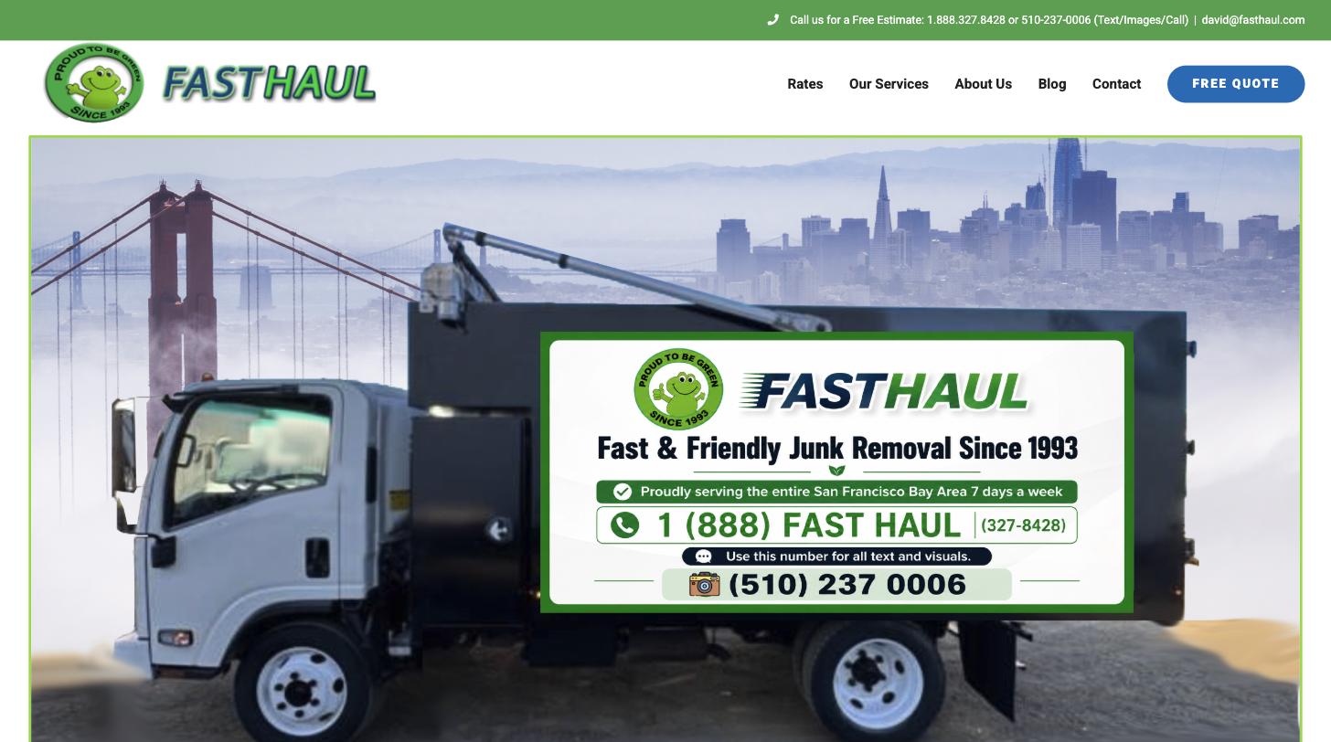 Fast Haul junk removal truck in front of the Golden Gate Bridge and San Francisco skyline, from the fasthaul.com homepage